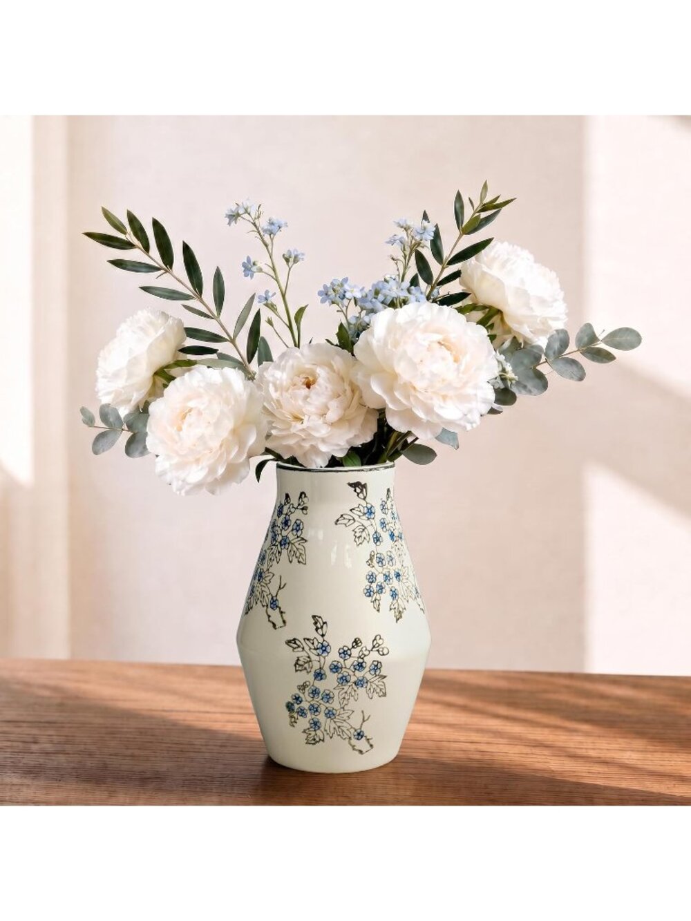 10 Inch Blue and White Ceramic Rustic Farmhouse Flower Vase For Table Home Decor